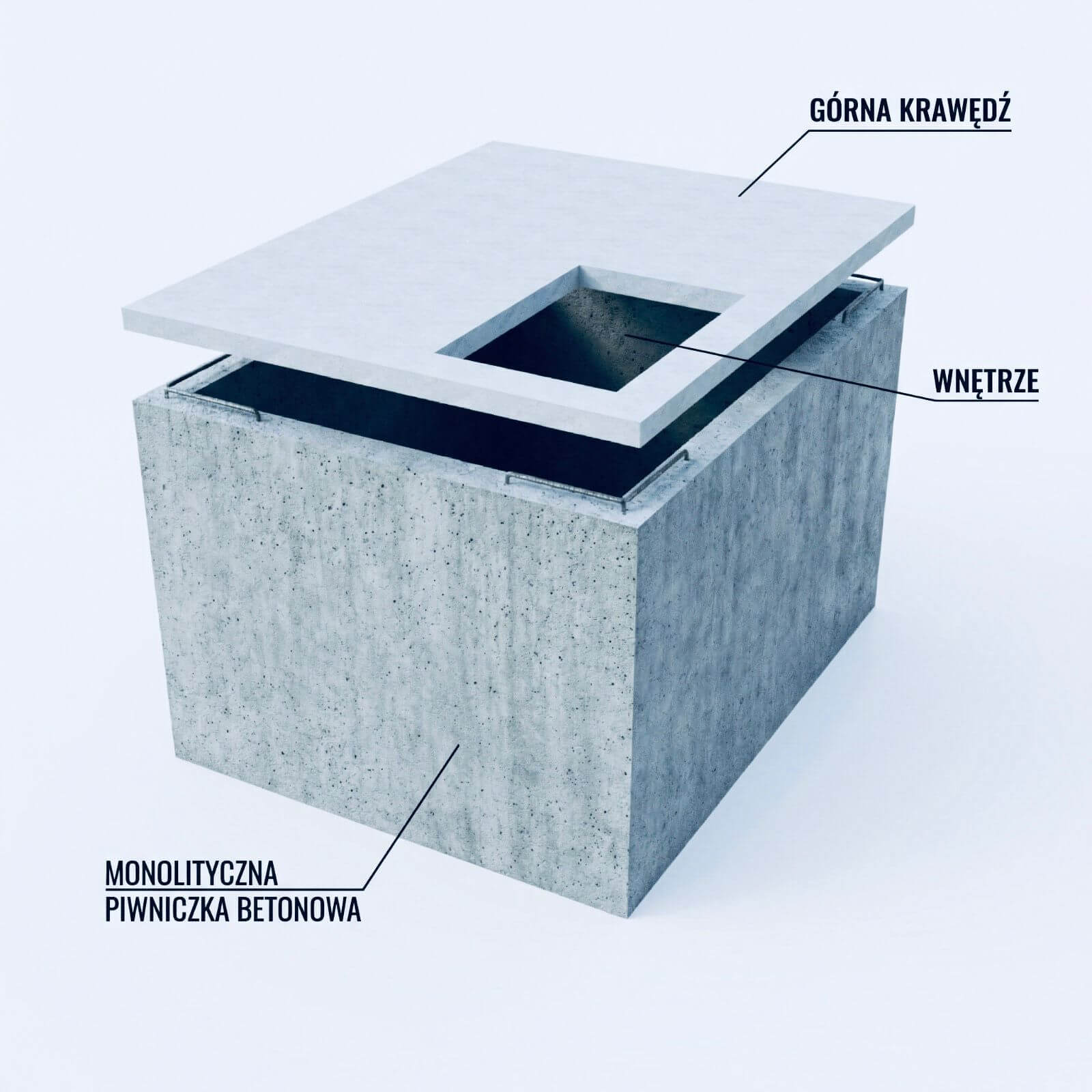 Trójwymiarowy model monolitycznej piwnicy z betonu wyposażonej w płaski dach z wycięciem na właz.